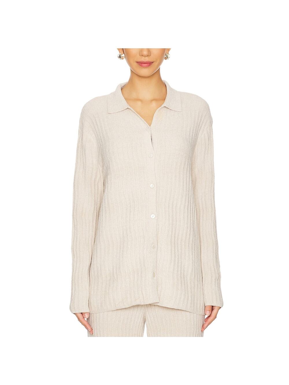 Barefoot Dreams Ribbed Beige Cozychic Ultra Lite Wave Shirt Size M